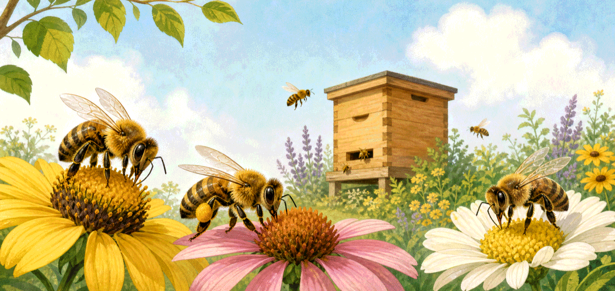 Honeybees gathering nectar and yellow pollen from flowers near a wooden hive.