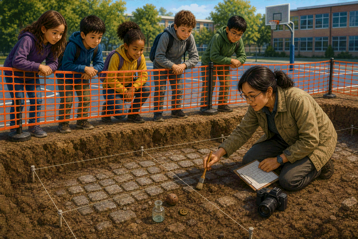 Sofia's class watching an archaeologist document an old cobbled lane uncovered beside the playground.