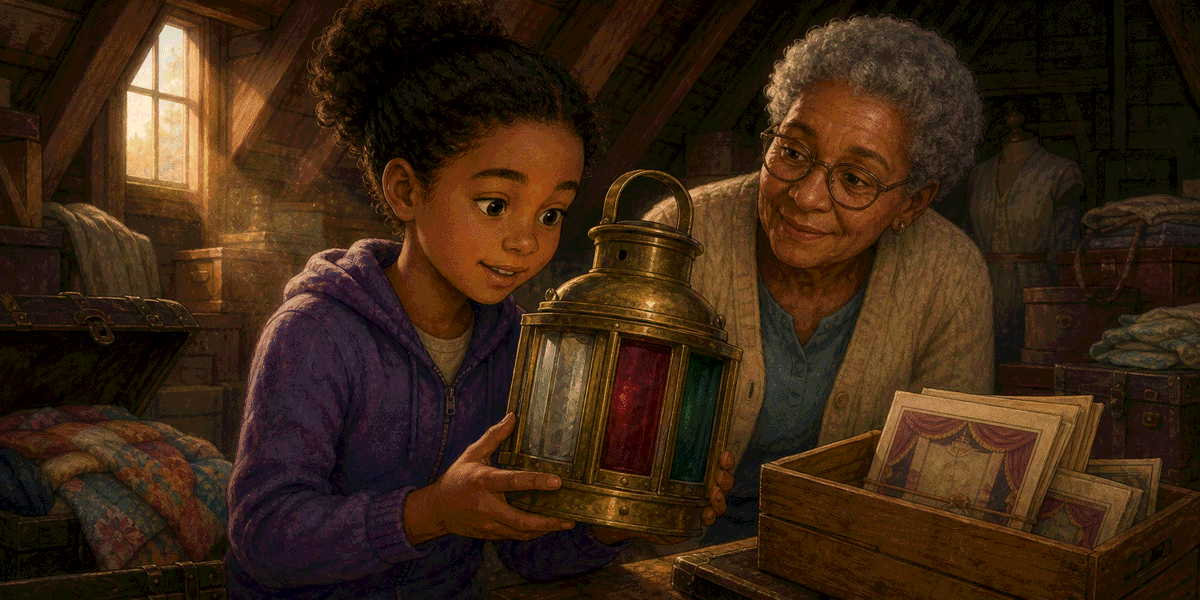 Imani examining an old brass railway signal lantern among boxes in her grandmother's attic.