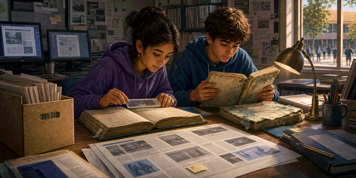 Noor and Caleb comparing an old council register with school newspaper proofs in their newsroom.