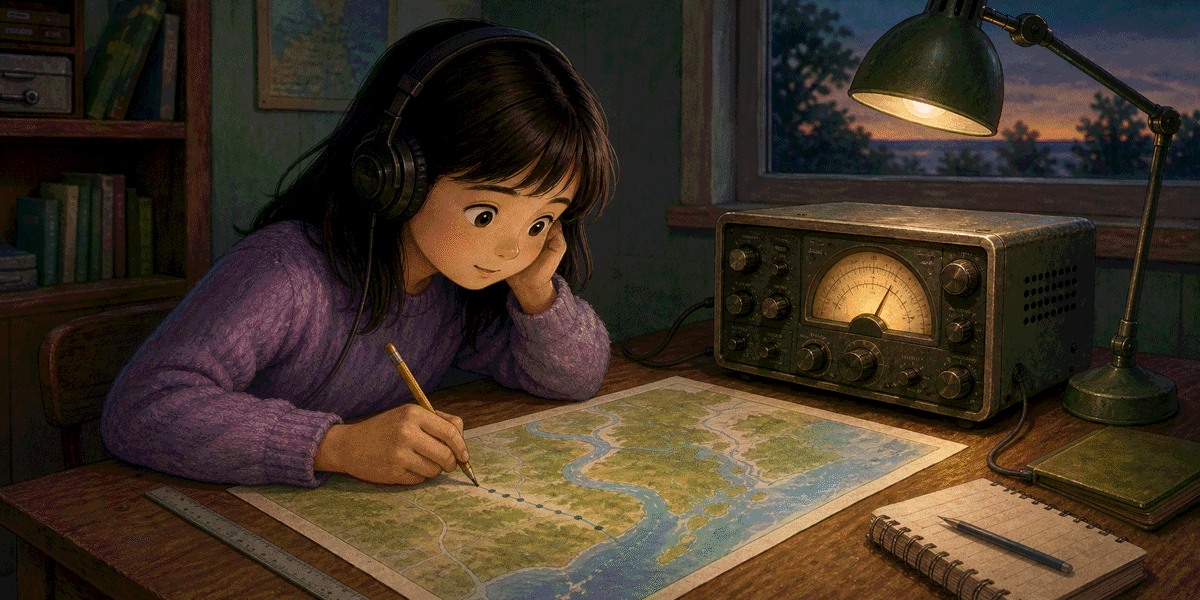 Keira plotting mysterious radio coordinates on a map beside an old school radio receiver.