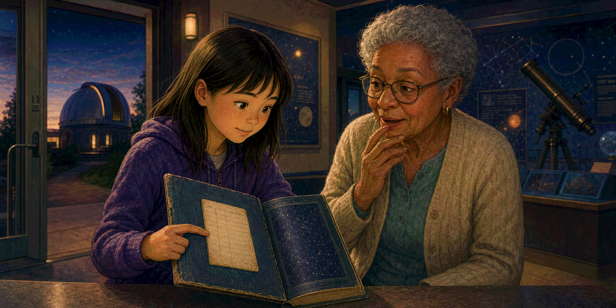 Mei showing an elderly satellite engineer an old star atlas and its handwritten checkout card.