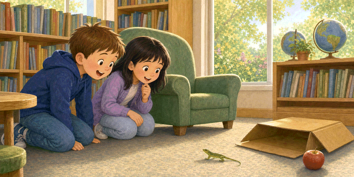 Two children discovering a tiny green lizard beneath a reading chair in the school library.
