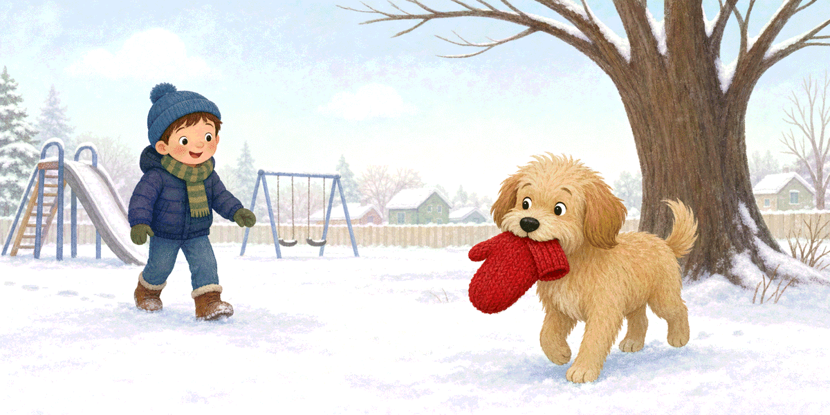 Milo finding his dog Biscuit holding the lost red mitten beside a snowy park tree.