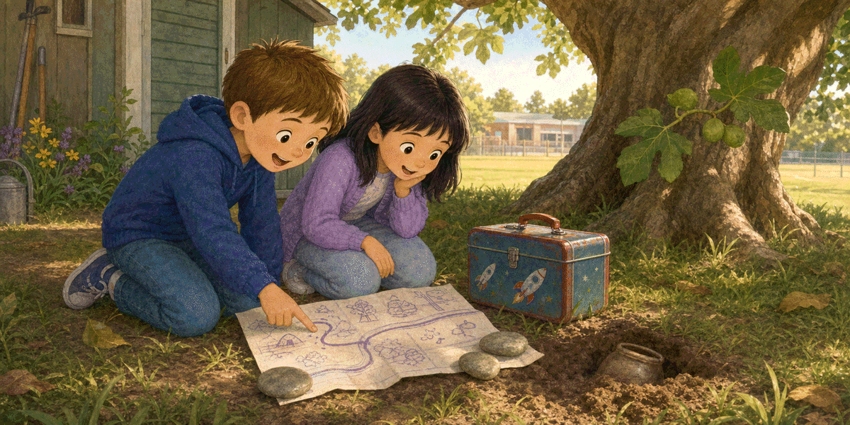Noah and Suri studying a purple hand-drawn map beside a vintage rocket lunchbox.