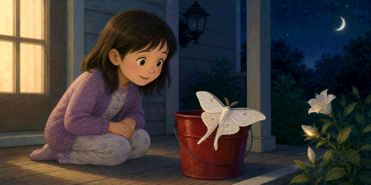 Lila watching a large white moth rest on a red bucket beside night flowers.