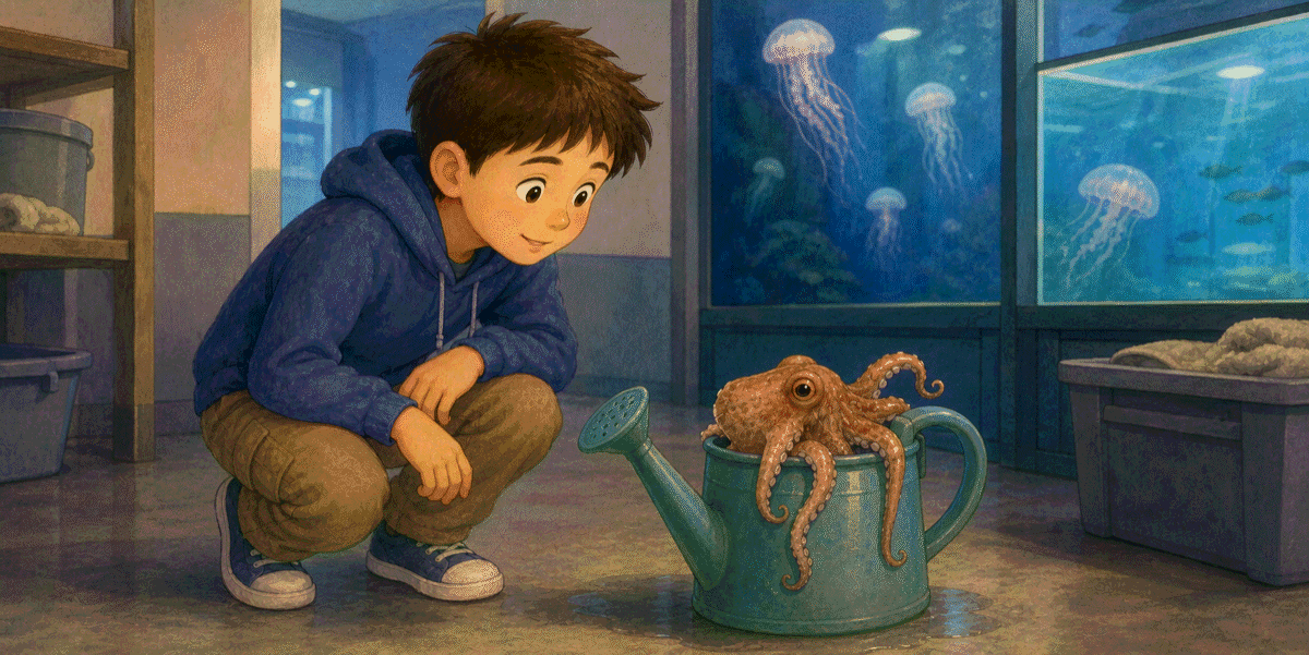 Niko finding a curious octopus hiding inside a watering can at an aquarium.