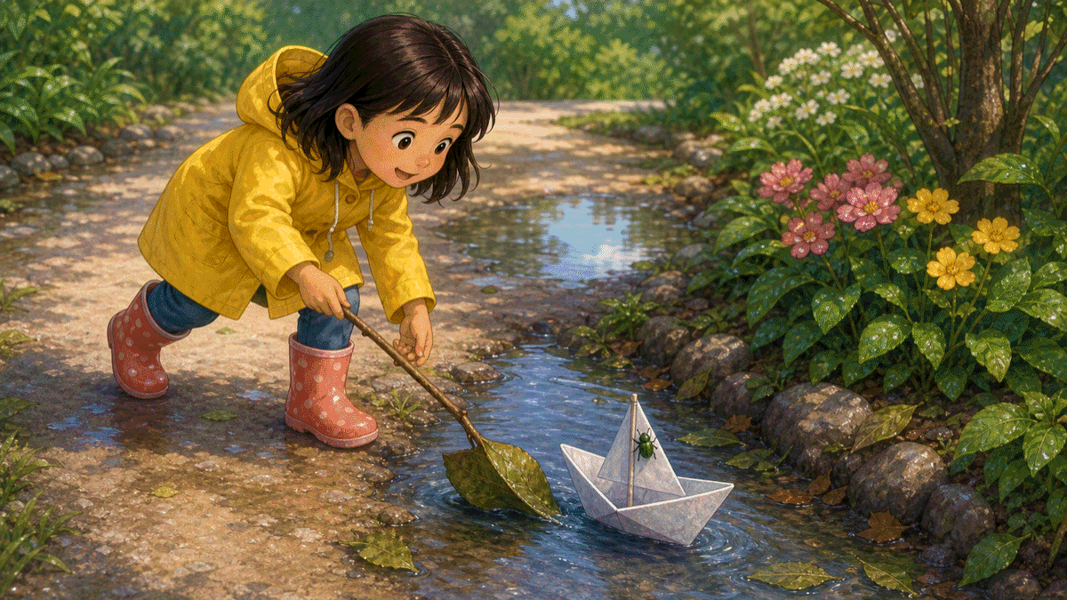 Bea following a paper boat carrying a tiny green beetle along a rainwater stream.