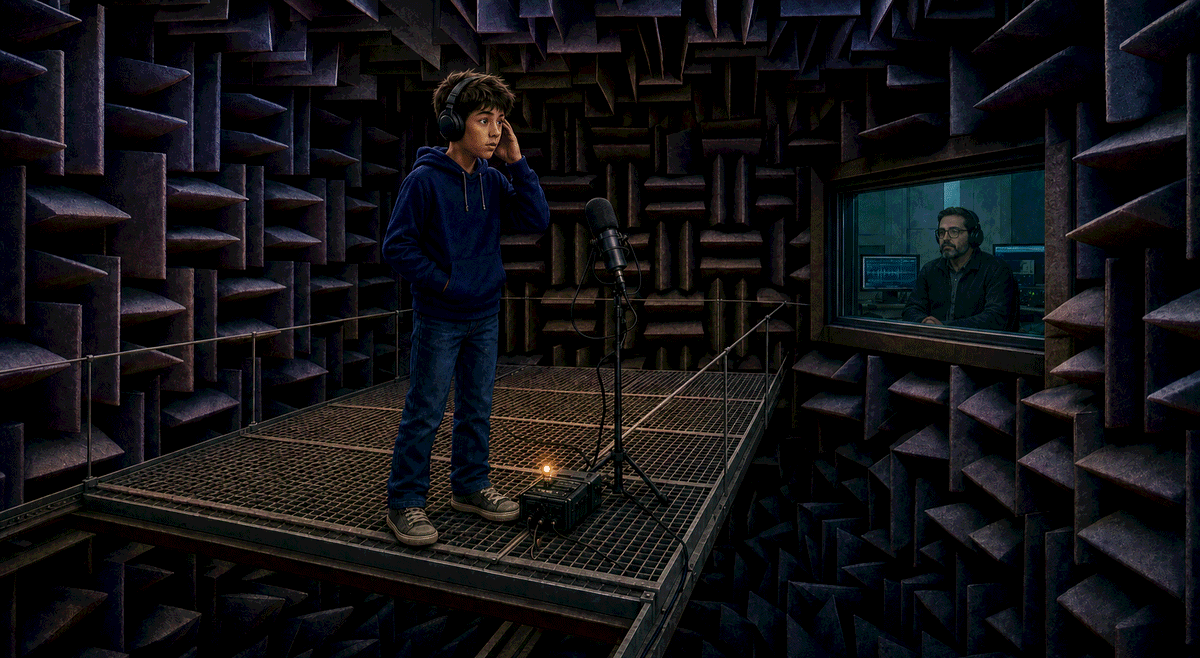 Mateo recording sound inside a supervised anechoic chamber lined with grey acoustic wedges.