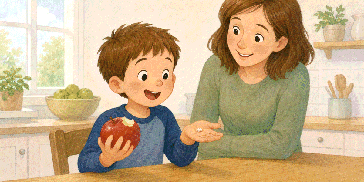 Tom happily showing his mother the baby tooth that came out when he bit an apple.