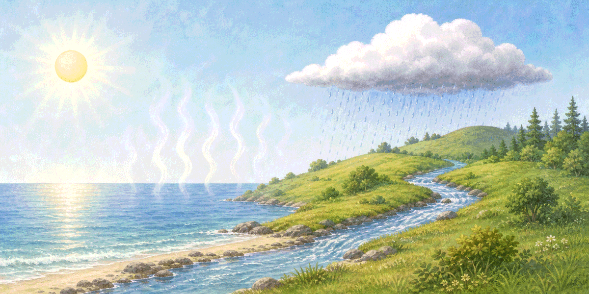 Sun warming the sea as water vapour rises and a cloud rains over a green hill and river.