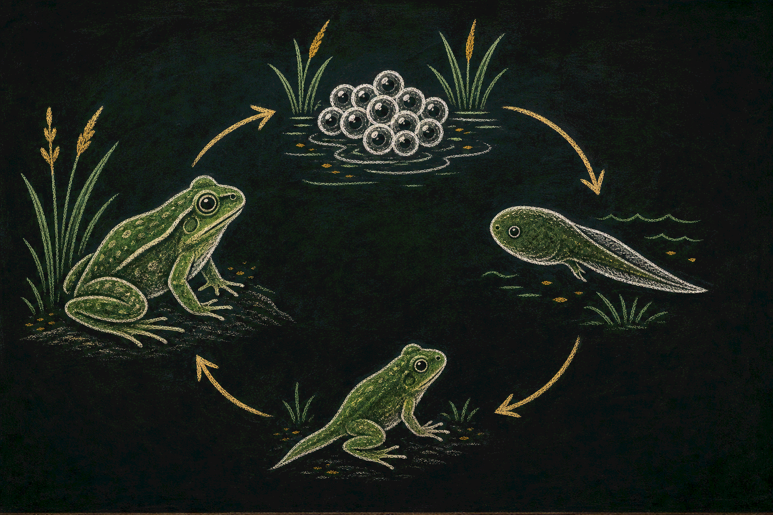 Chalkboard frog life cycle illustration showing eggs, tadpole, froglet and adult frog around a loop.
