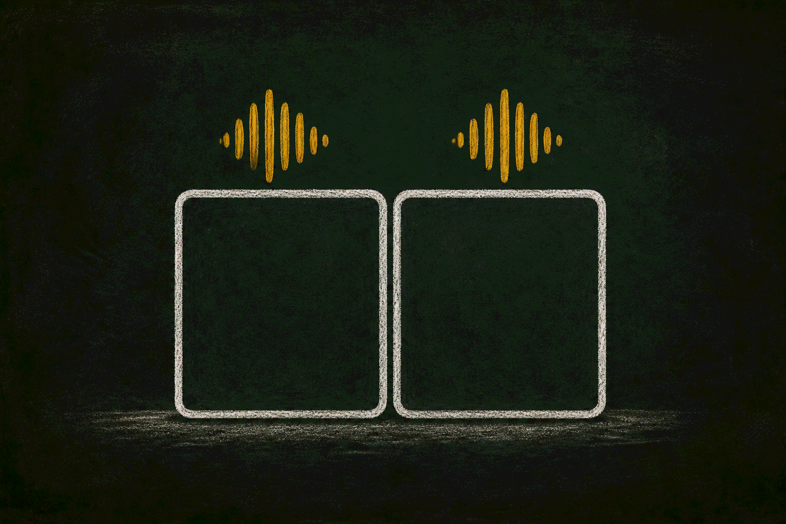 Chalk illustration of two blank letter tiles standing side by side and touching, each with its own honey-gold sound mark rising above it.