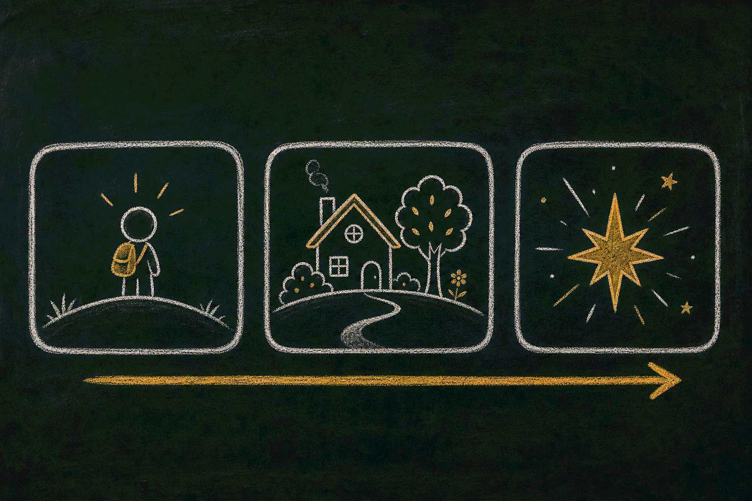 Chalk illustration of three storyboard panels connected by a honey-gold arrow, showing a story's beginning, middle and end.