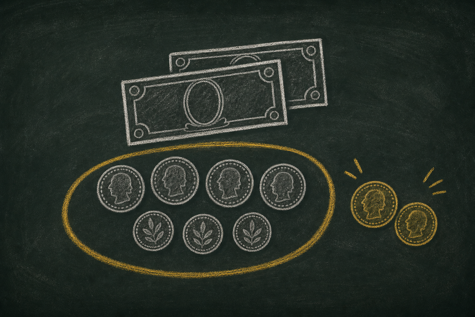 Chalk illustration of coins and bills being counted, with a honey-gold highlight around the matching amount and a couple of extra coins set apart.