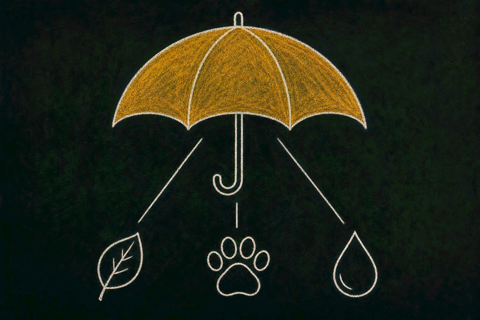 Chalk illustration of an umbrella with a honey-gold canopy and several spokes underneath, each spoke ending in a small distinct detail icon.