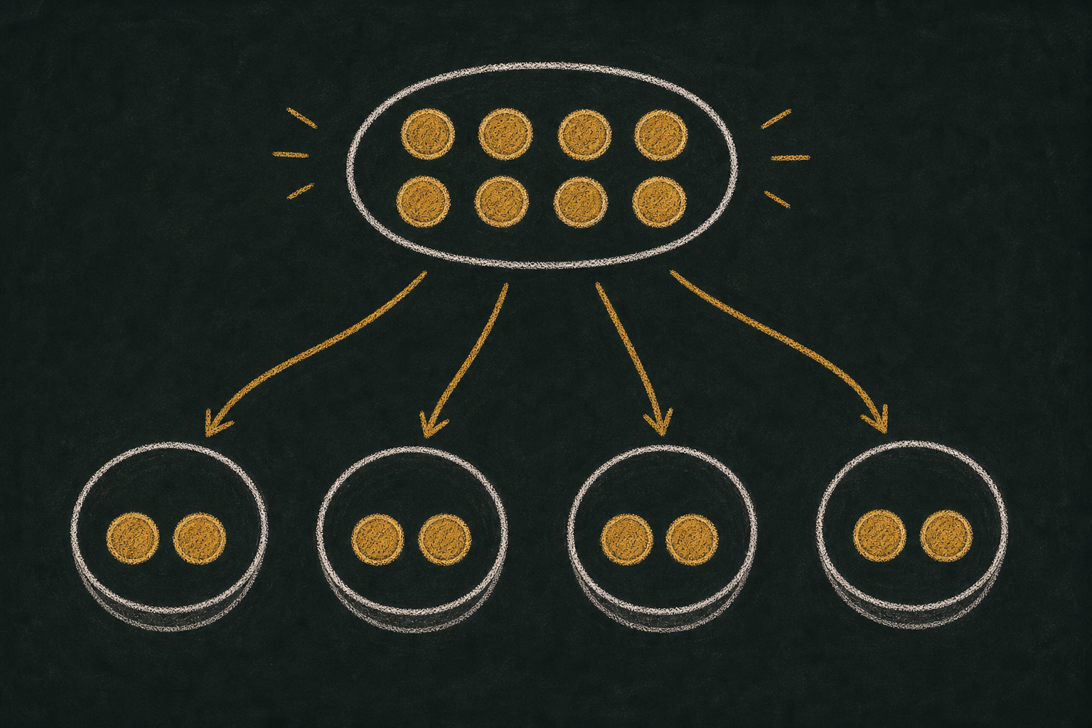 Chalk illustration of counters shared evenly into several bowls with no leftovers.