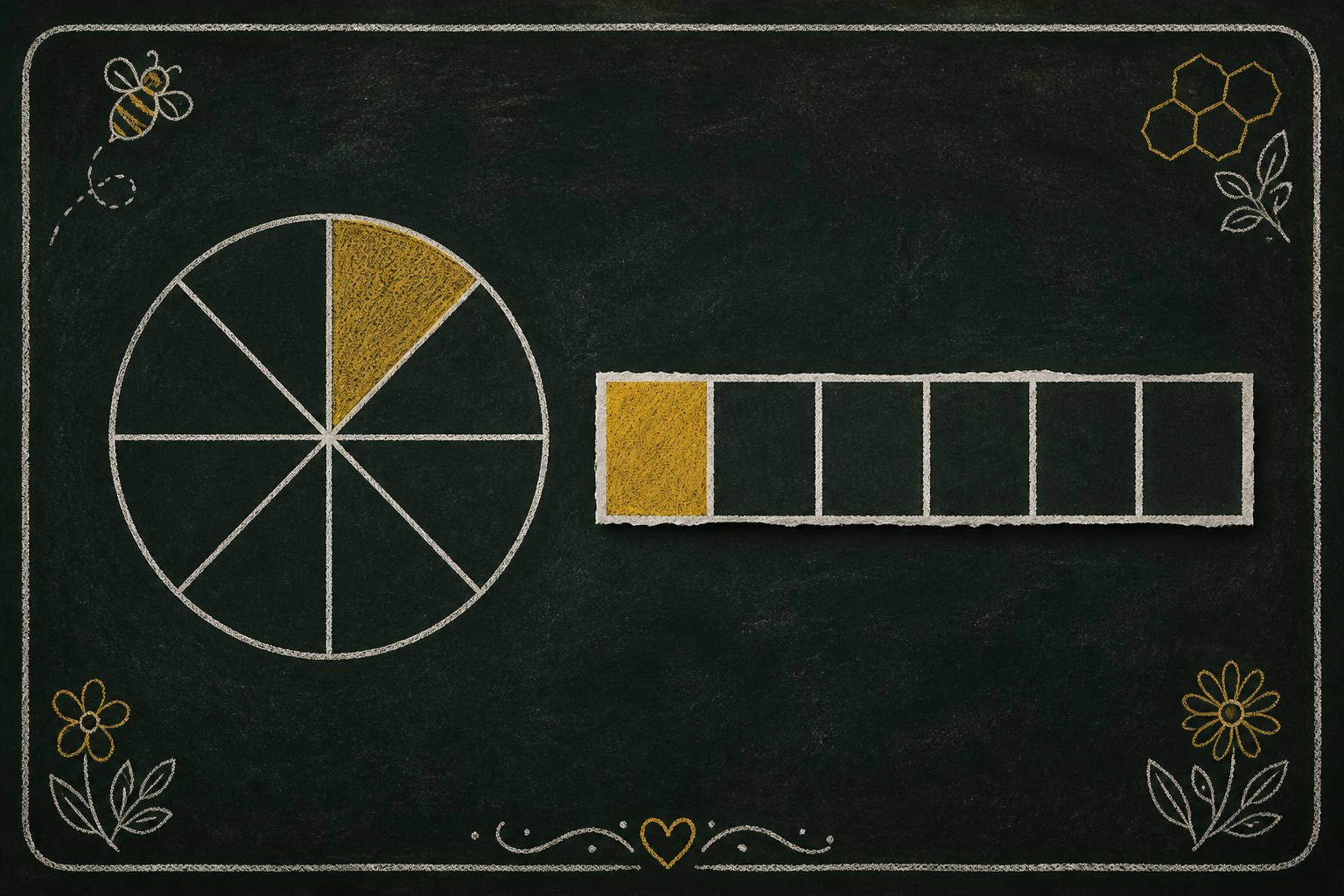 Chalk illustration of a circle and strip split into equal fraction parts with one honey-gold part highlighted.