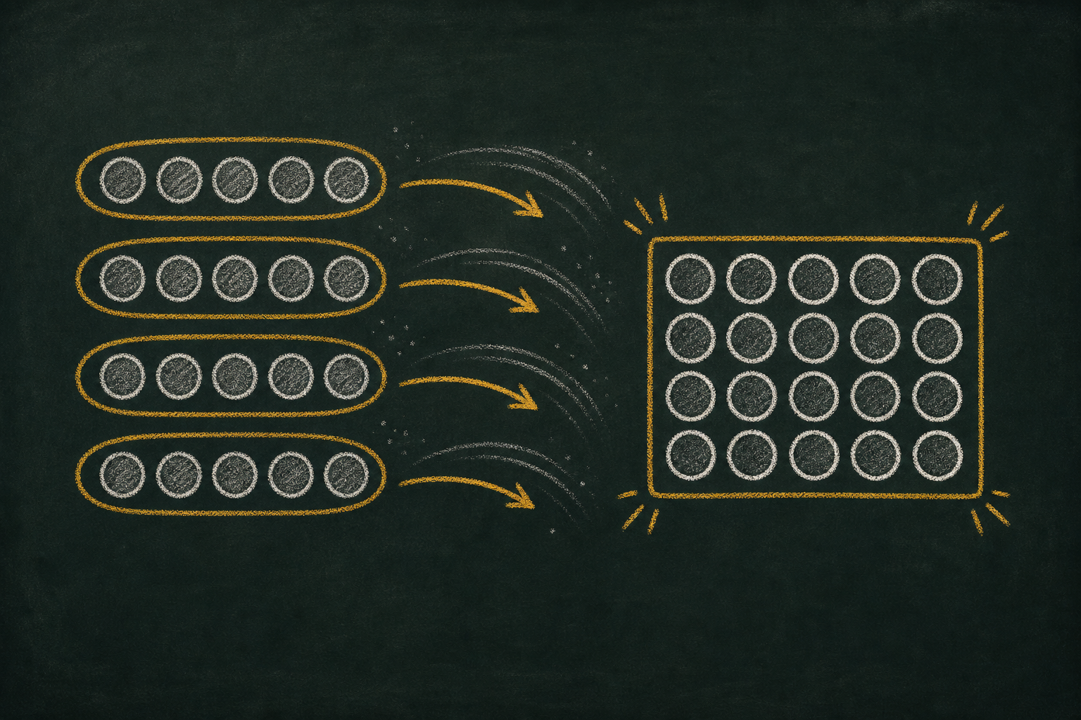 Chalk illustration of equal groups arranged as a neat array with honey-gold grouping marks.