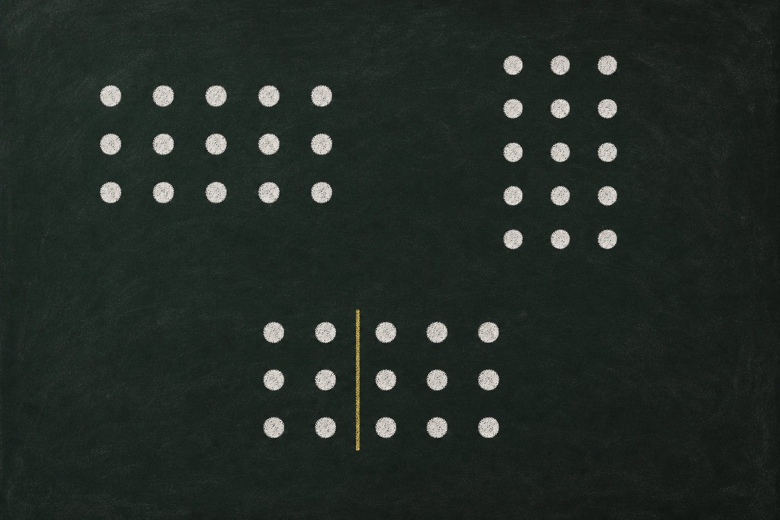 Chalk illustration of one array rotated to show the same count both ways, and split by a honey-gold divider into two smaller arrays.