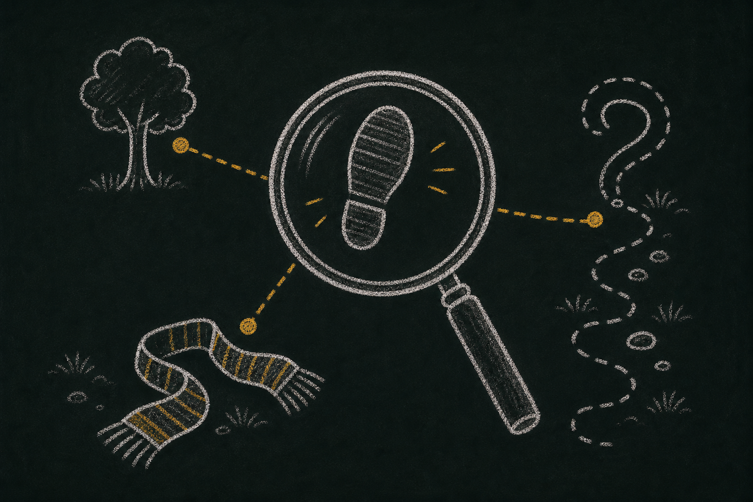 Chalk illustration of a magnifying glass over story clues with honey-gold connection marks.