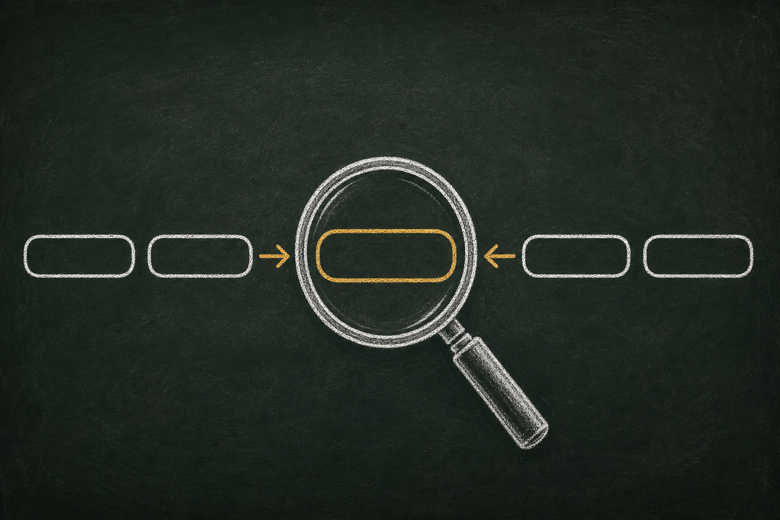 Chalk illustration of a magnifying glass over one blank highlighted word slot, with honey-gold clue arrows from the surrounding blank words.