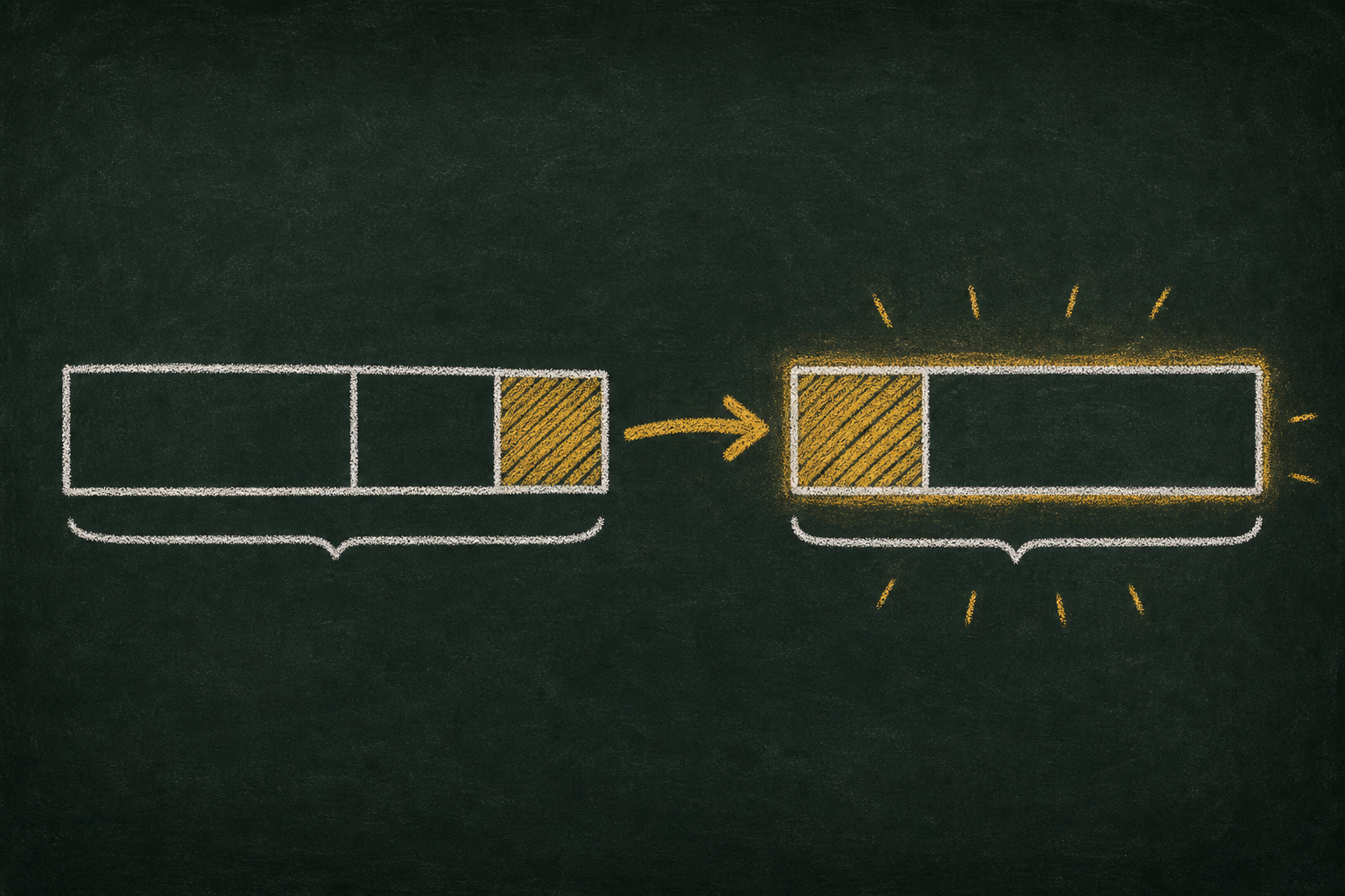 Chalk illustration of two linked bar models solved in stages, with a honey-gold arrow carrying the first result into the second step.