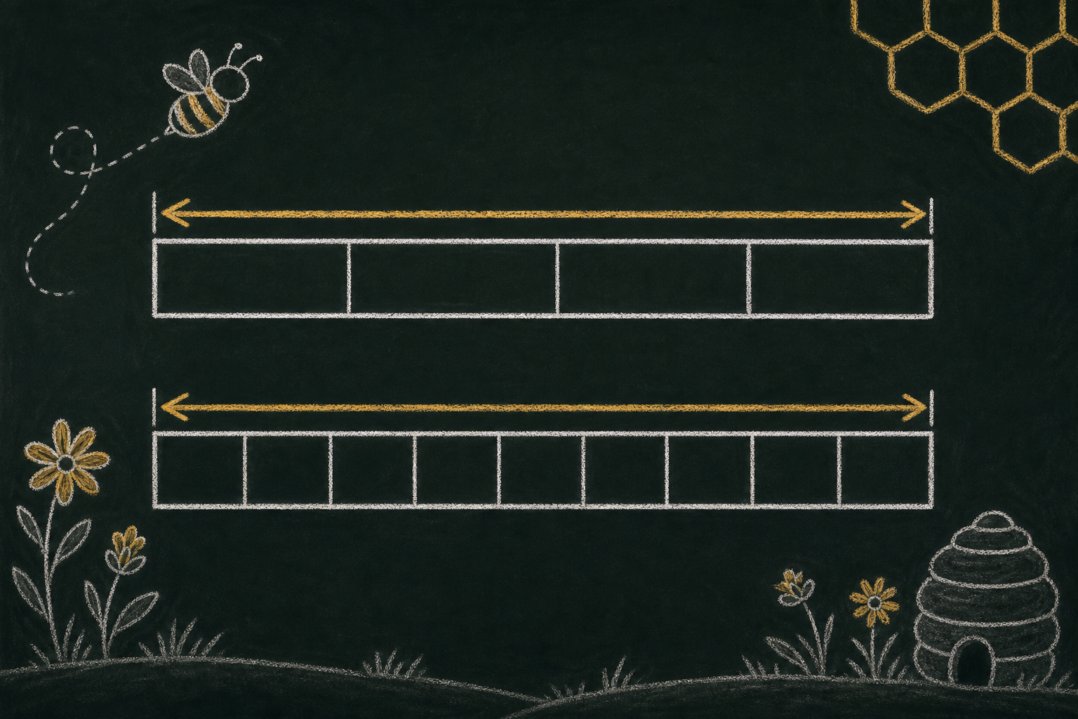 Chalk illustration of two same-length bars split into different equal parts but showing the same honey-gold amount.
