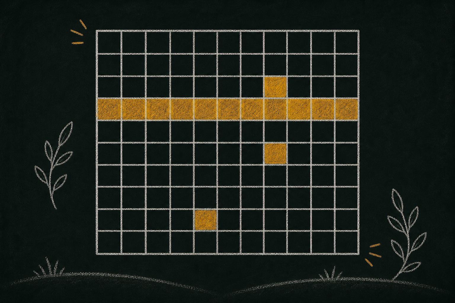 Chalk illustration of a hundred grid with one row and several small squares highlighted honey-gold.